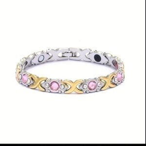 Silver Gold & Pink Zircon Magnetic Therapy Bracelet